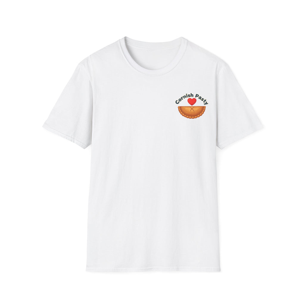 White t-shirt with a graphic design, I love Cornish pasty on a white background