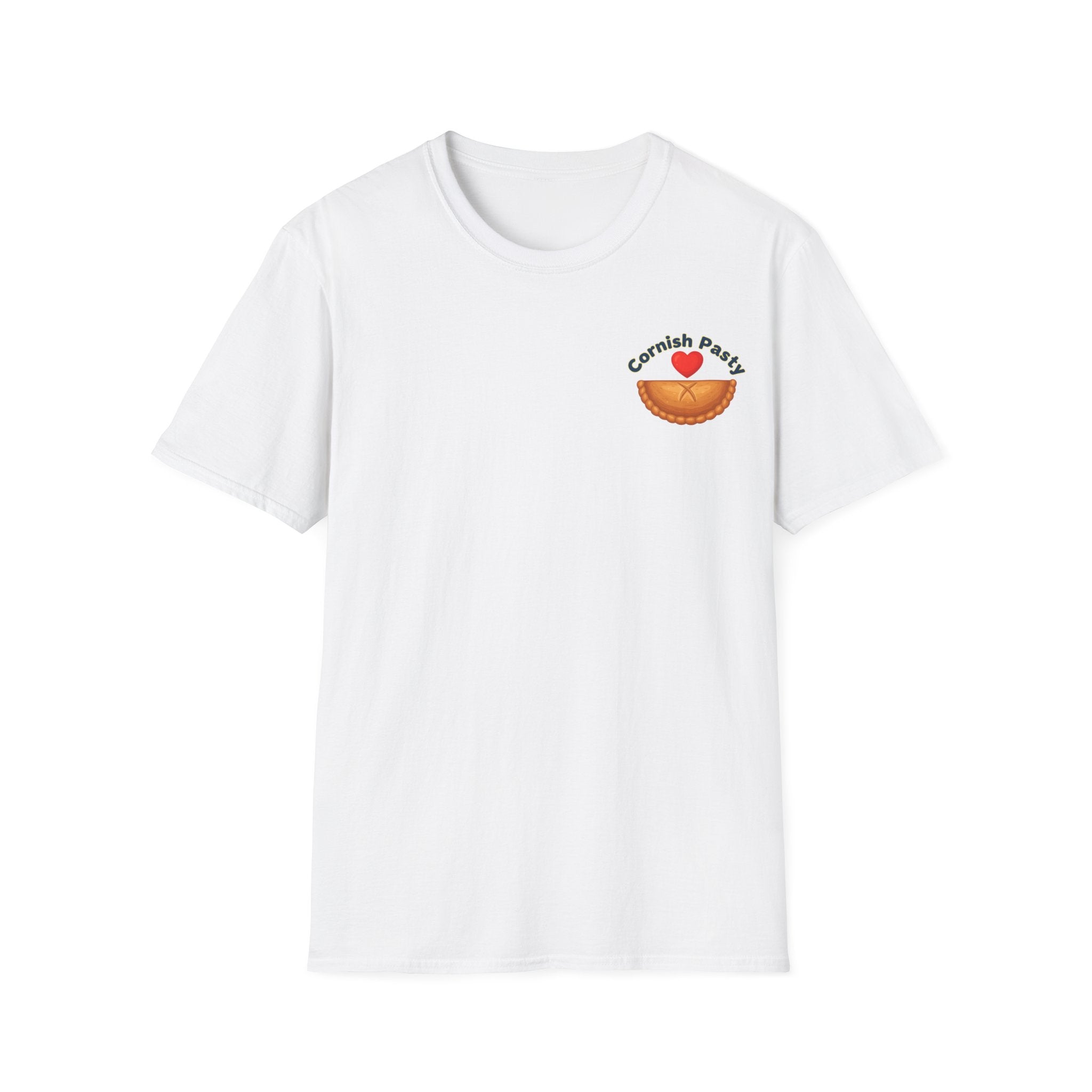 White t-shirt with a graphic design, I love Cornish pasty on a white background