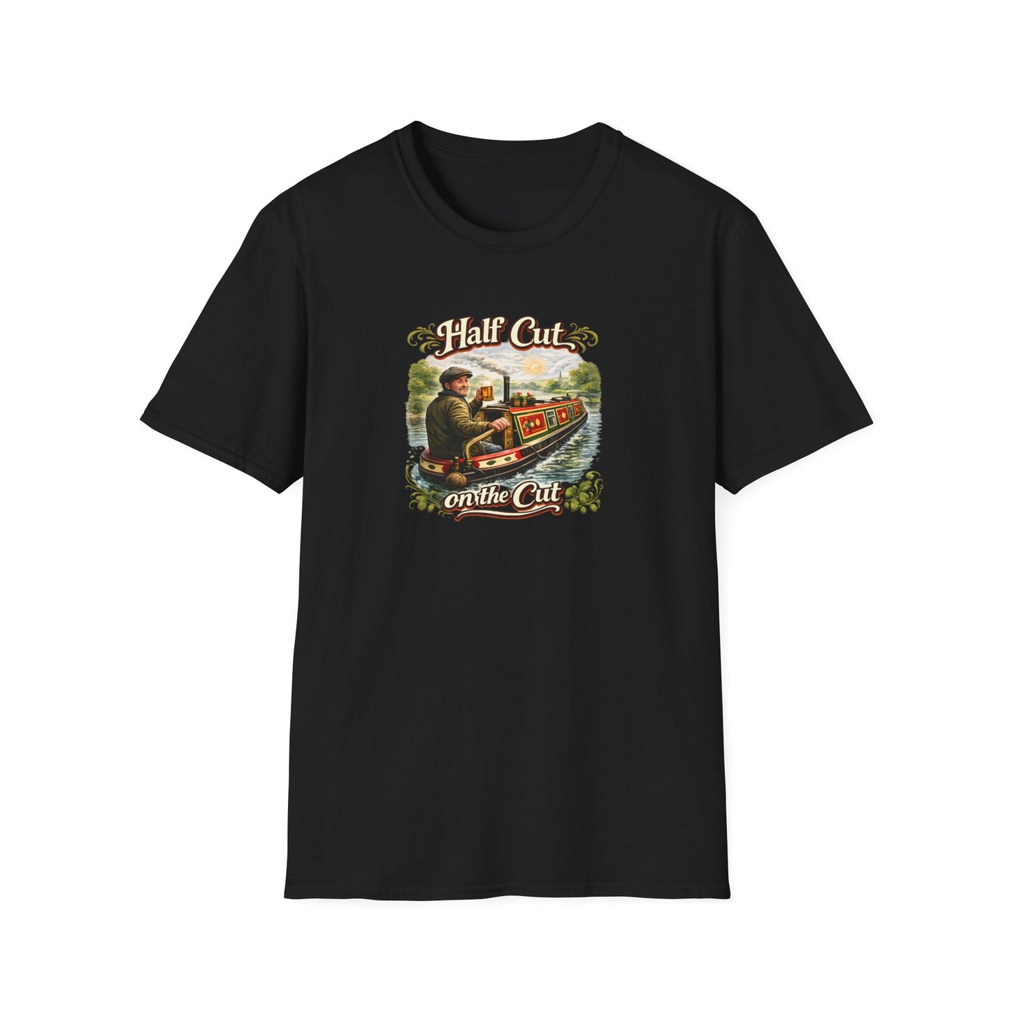 Black t-shirt with a graphic design of a man on a boat and text 'Half Cut on the Cut' on a white background.
