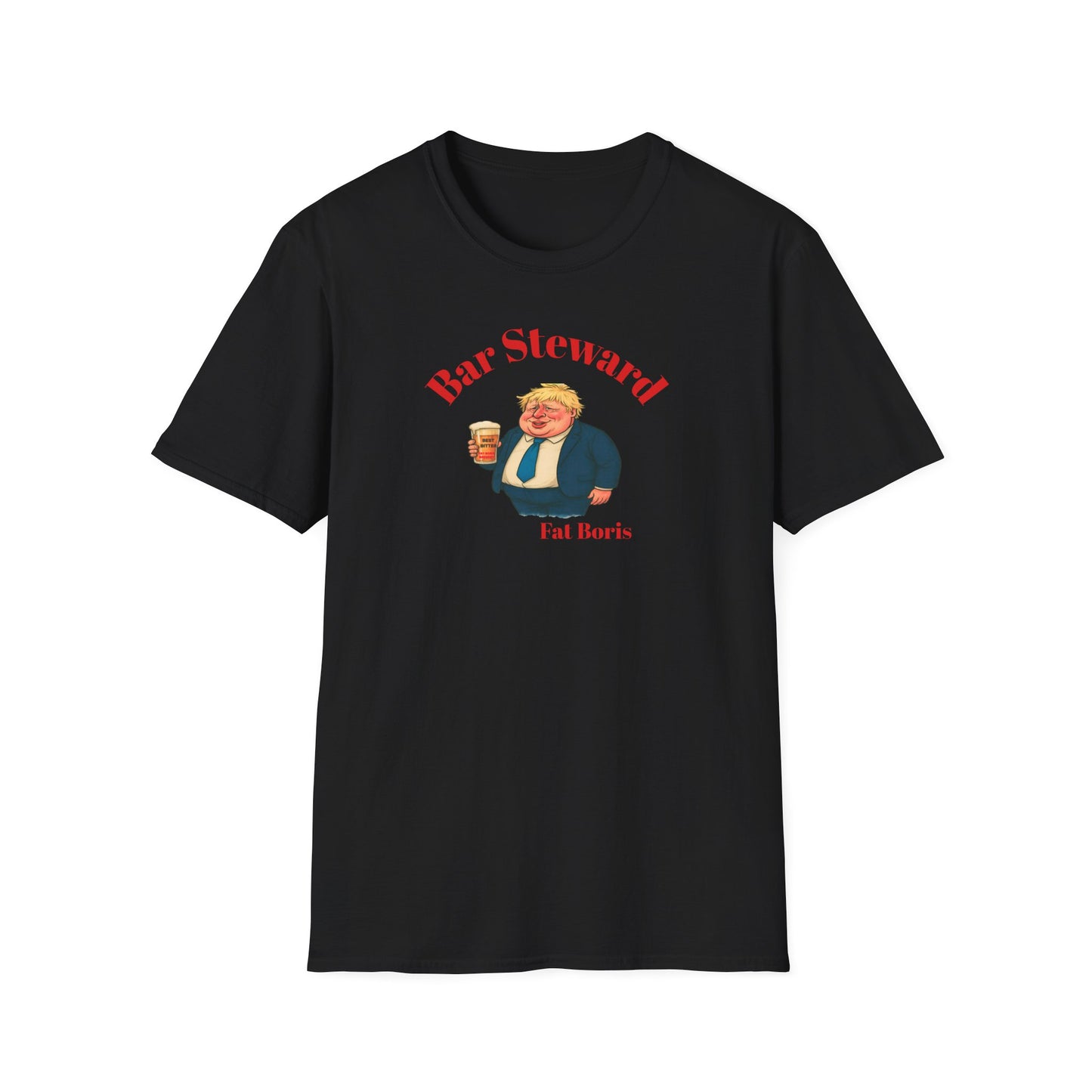 Black t-shirt with a graphic of a man in a suit holding a drink and text 'Bar Steward Fat Boris' on a white background.