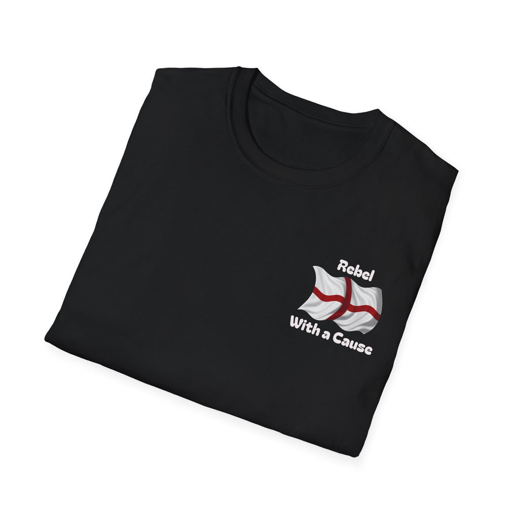 Folded Black t-shirt with a St. George flag design and text on a white background