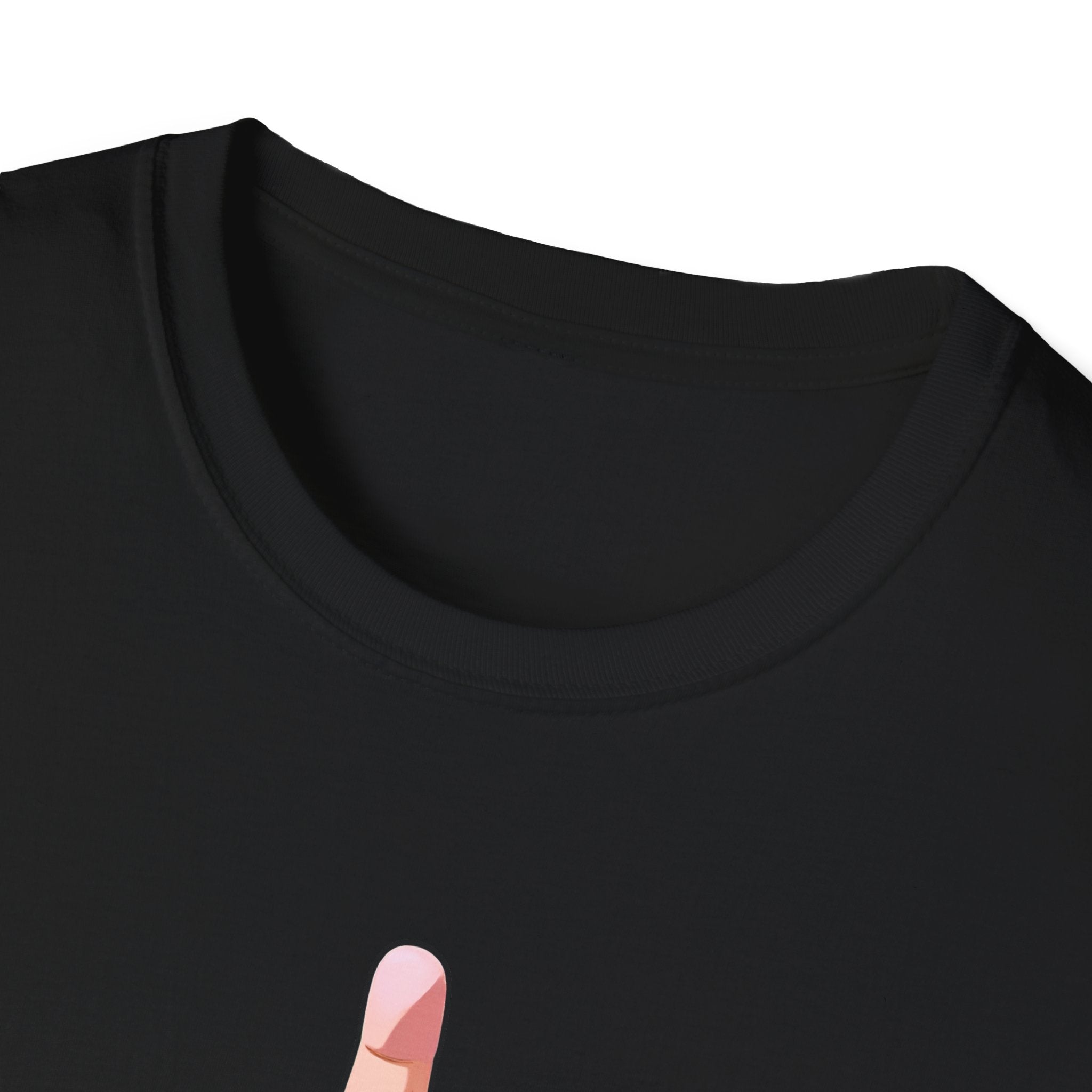 Close-up of a black t-shirt with a stylized pink and red finger pointing downwards.