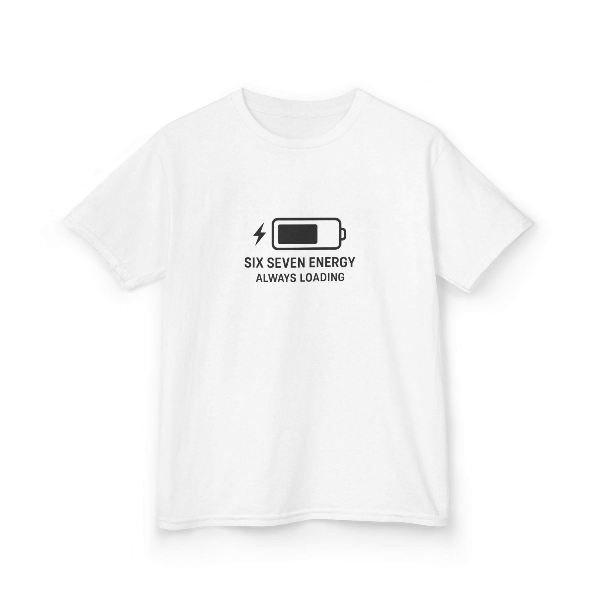 White t-shirt with black six seven  graphic and text on a white background