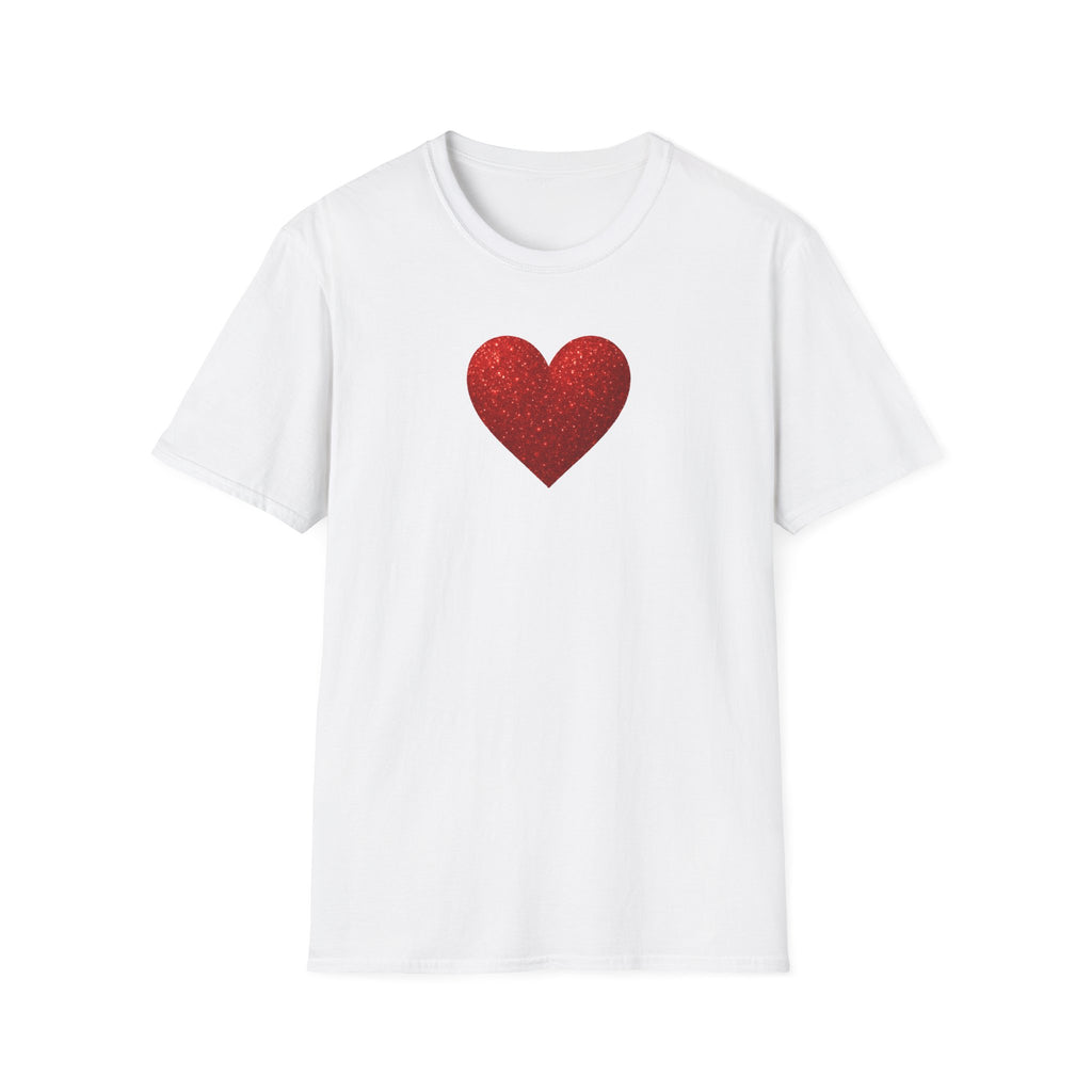 White t-shirt with a red heart design on a white background