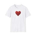 White t-shirt with a red heart design on a white background