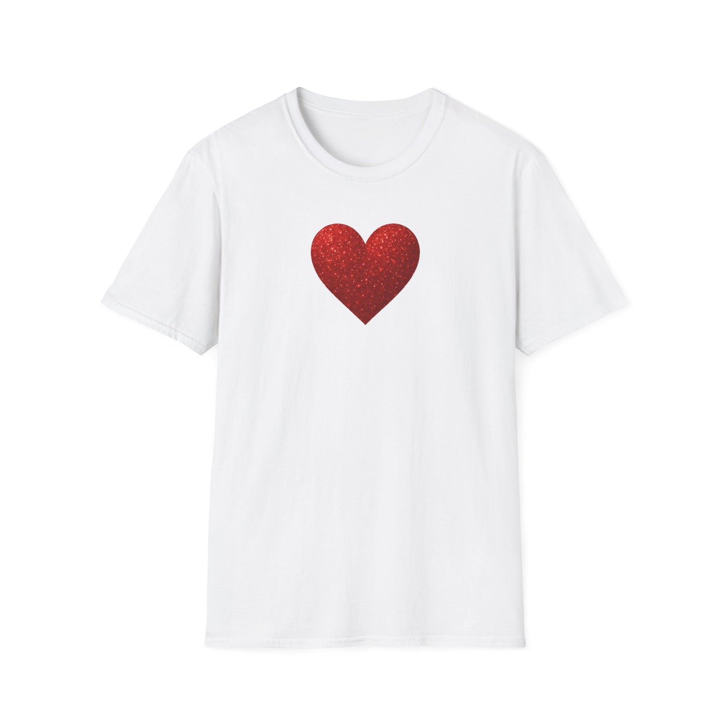 White t-shirt with a red heart design on a white background