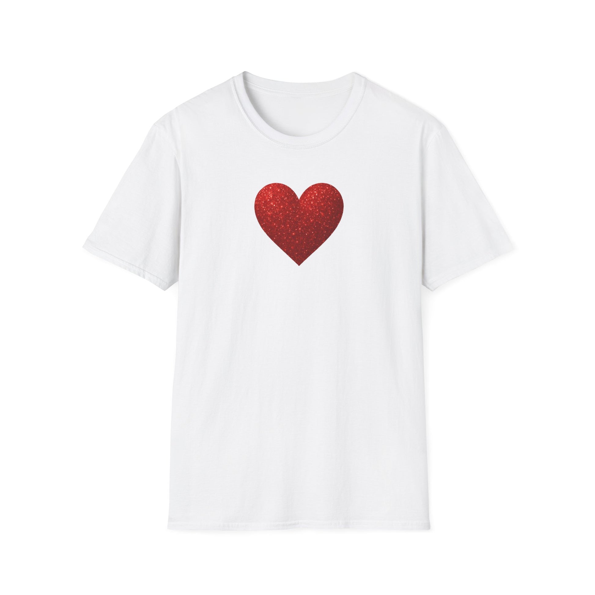 White t-shirt with a red heart design on a white background