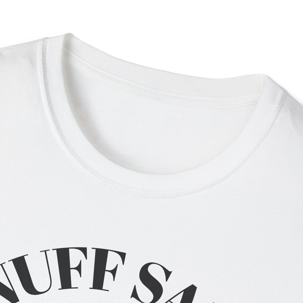 White t-shirt with black text on a white background