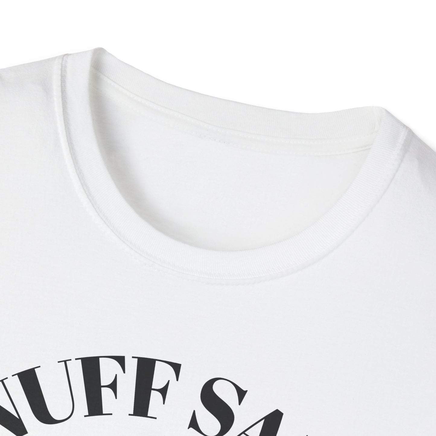White t-shirt with black text on a white background