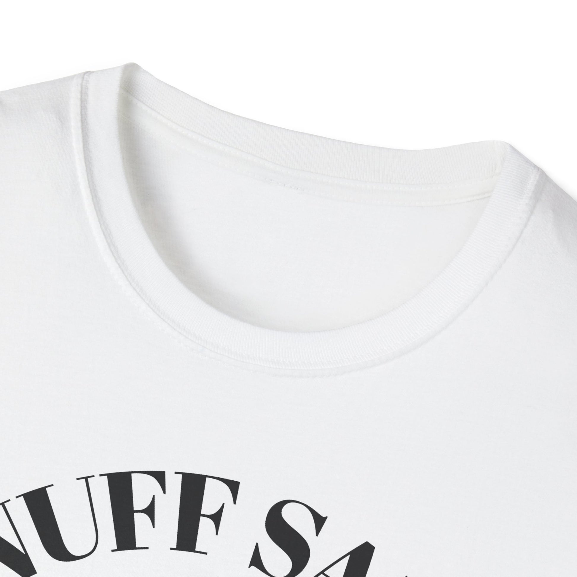 White t-shirt with black text on a white background