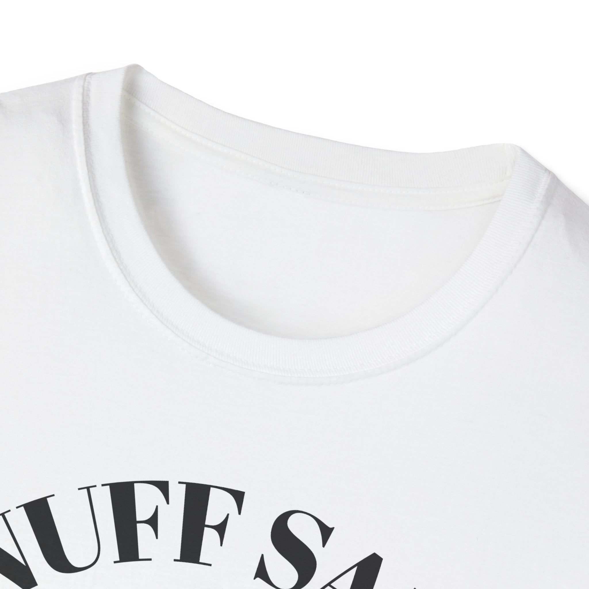 White t-shirt with black text on a white background