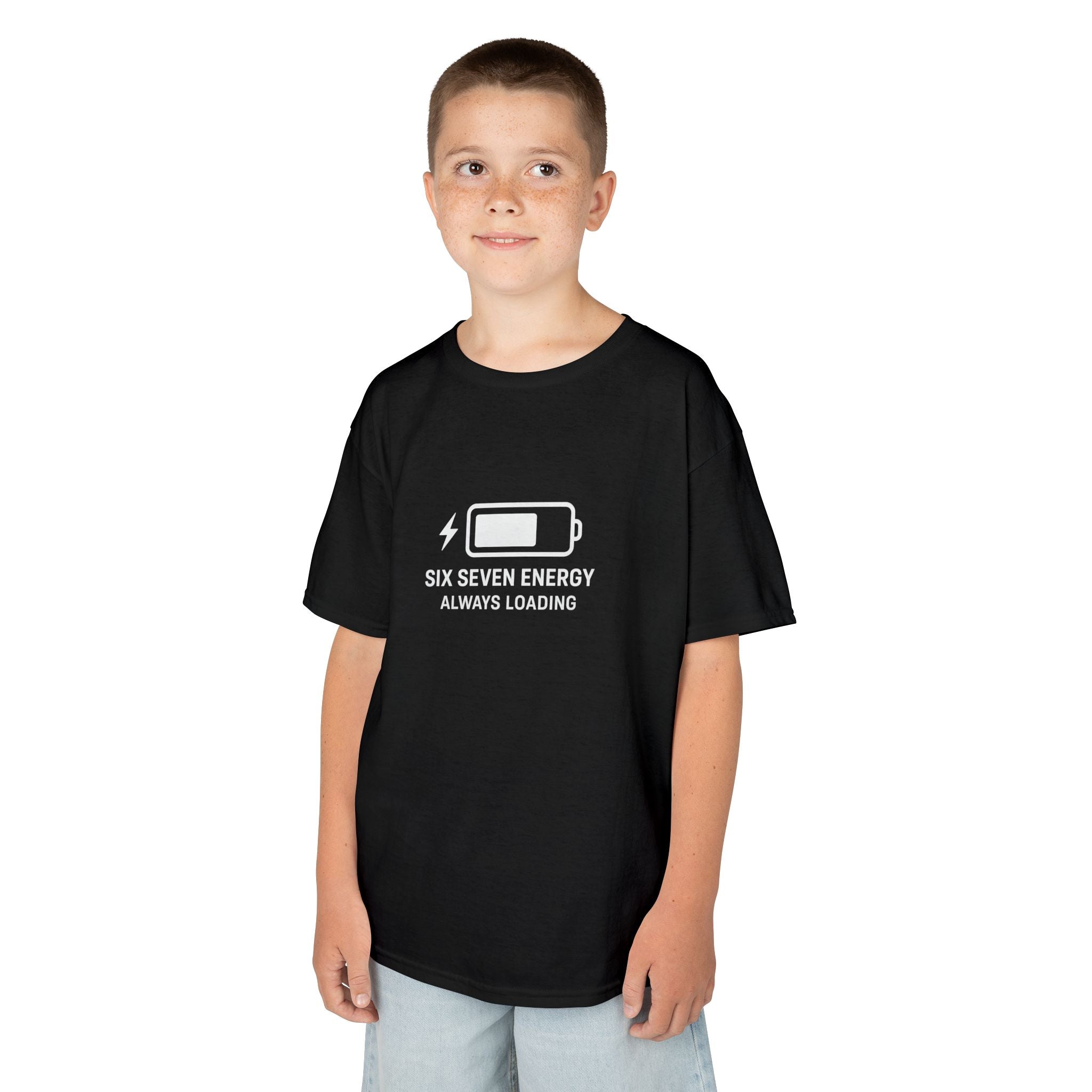 Child wearing a black t-shirt with 'Six Seven Energy Always Loading' text and battery icon on a white background