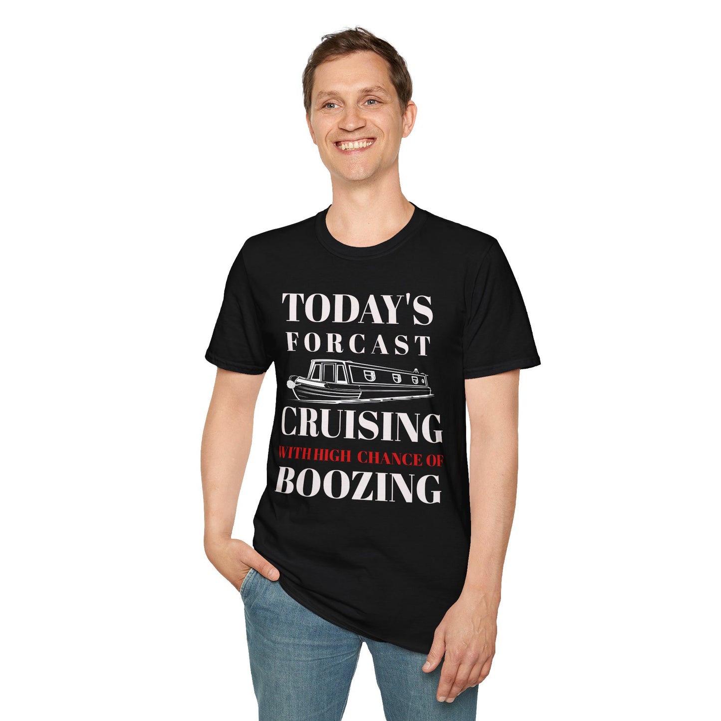 Person wearing a black t-shirt with humorous text design Cruising With High Chance of Boozing 
