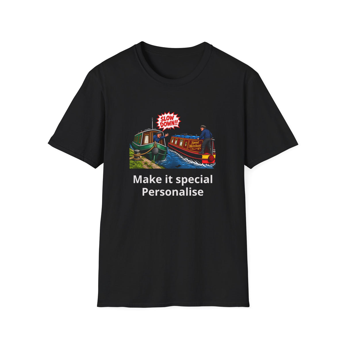 A black short-sleeve crewneck t-shirt with a graphic print of a canal boat scene and the text 'Make it special Personalise' printed in white below it, displayed on a solid white background.