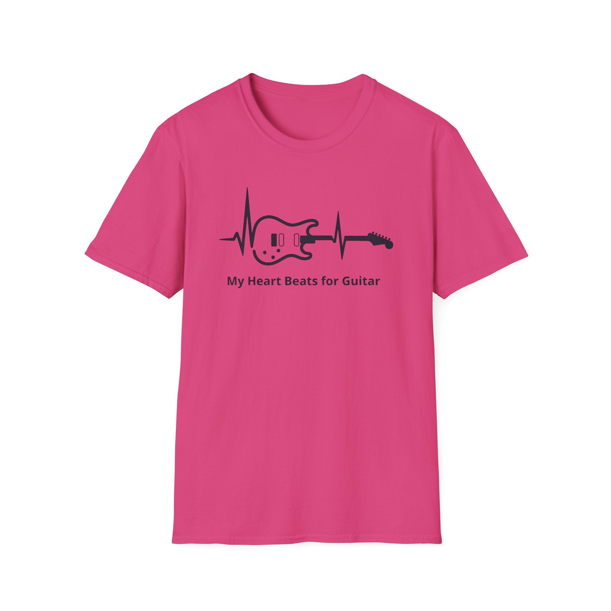 Pink t-shirt with a guitar design and text on a white background