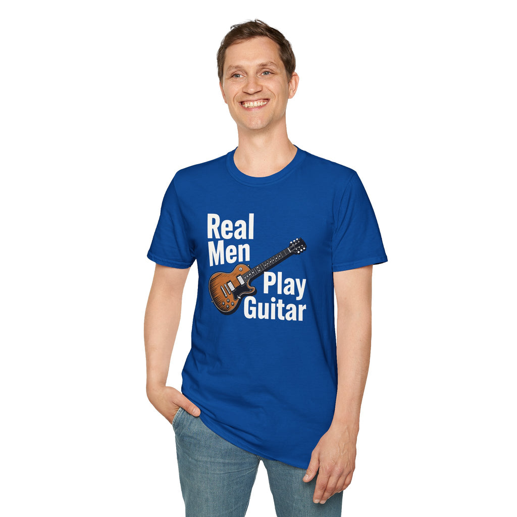 Man wearing a blue t-shirt with a guitar graphic and text on a white background