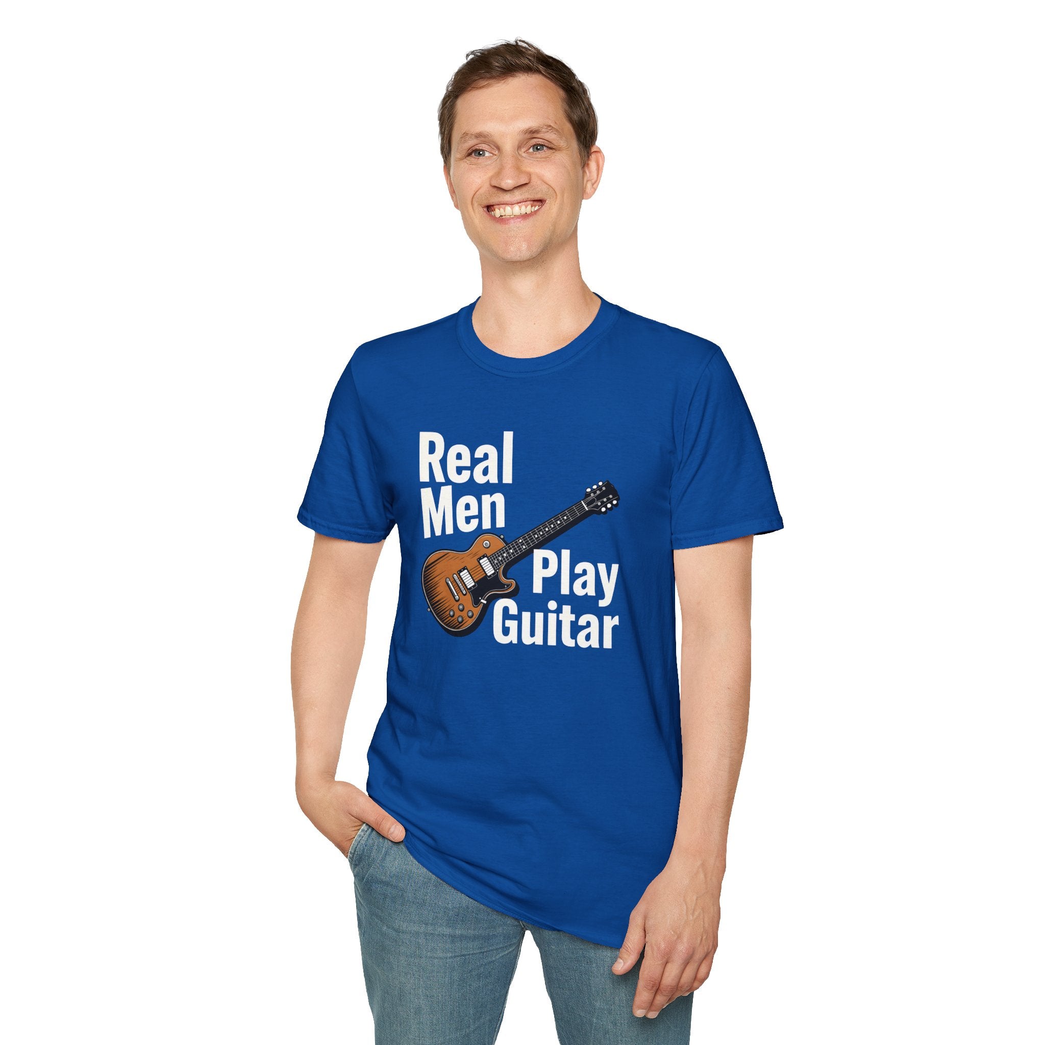 Man wearing a blue t-shirt with a guitar graphic and text on a white background