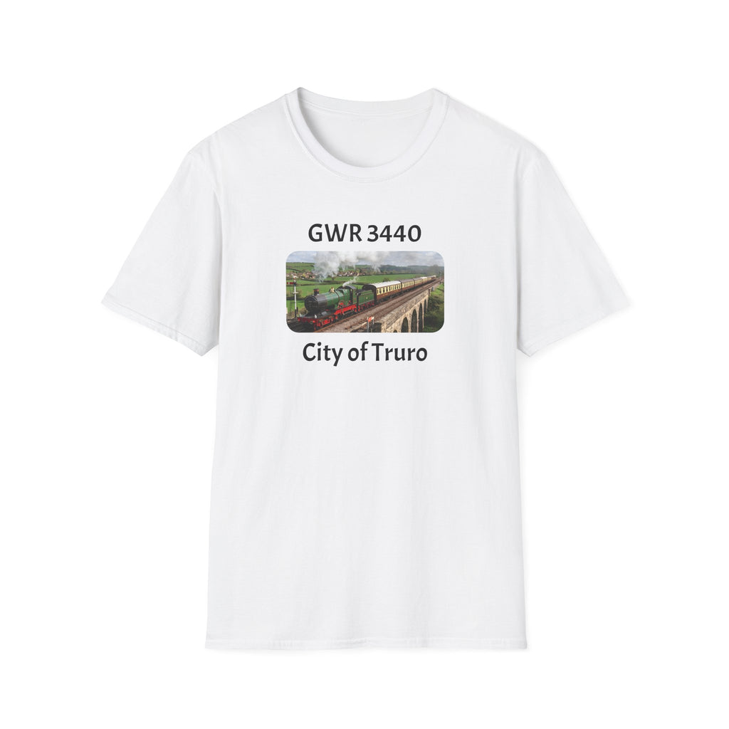 White t-shirt with a graphic of a train and text 'GWR 3440 City of Truro' on a white background