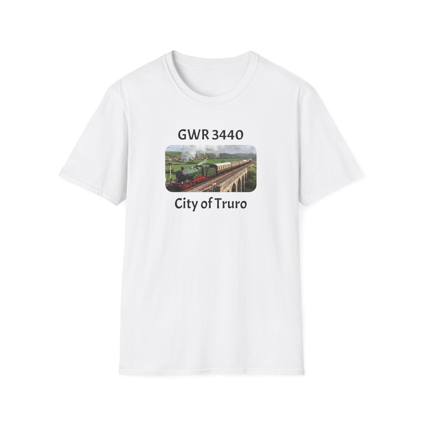 White t-shirt with a graphic of a train and text 'GWR 3440 City of Truro' on a white background
