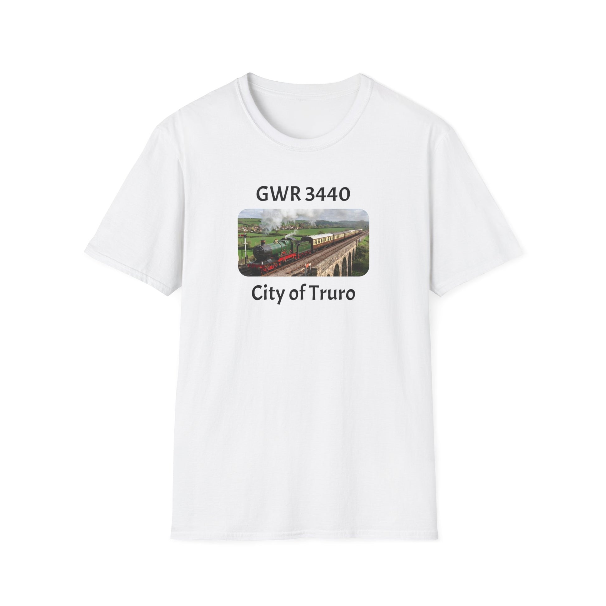 White t-shirt with a graphic of a train and text 'GWR 3440 City of Truro' on a white background