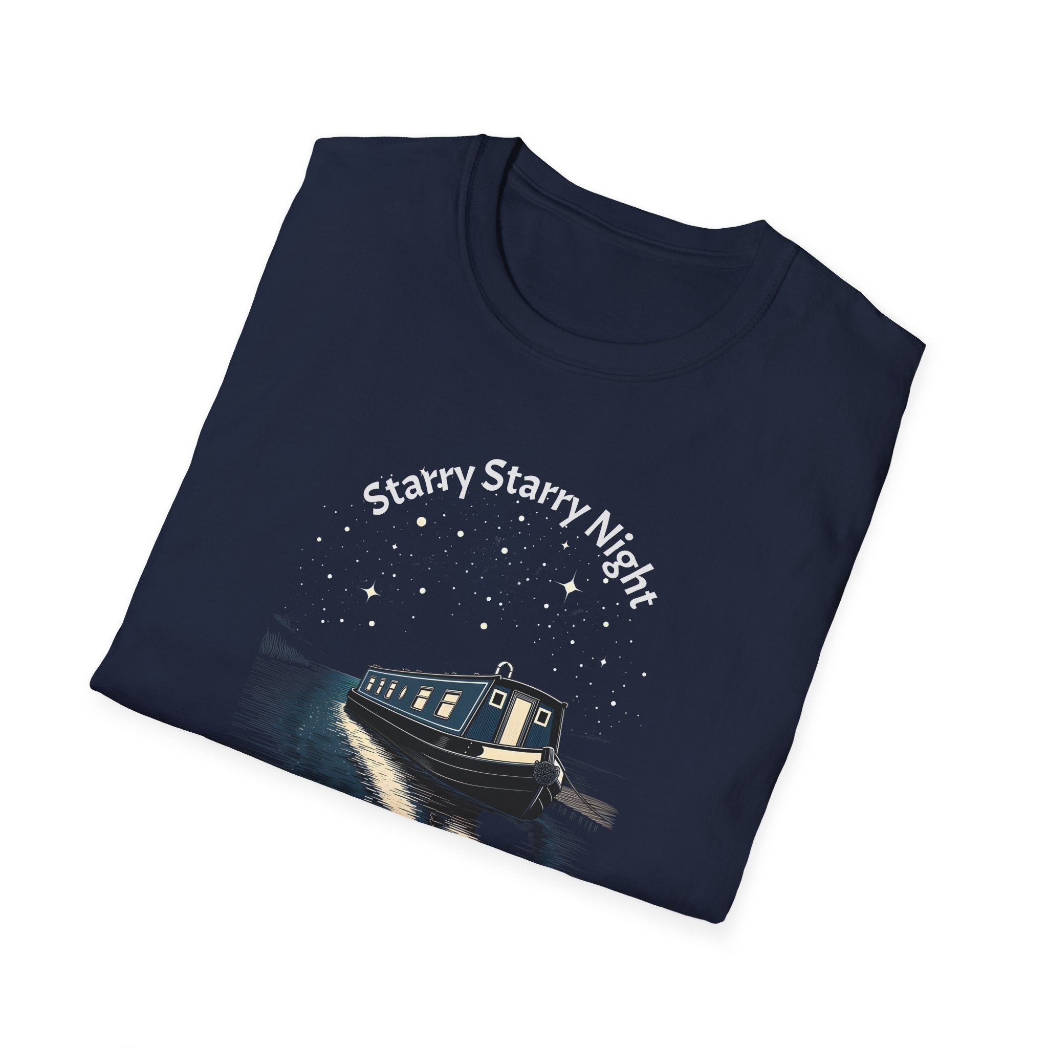 Starry Night Narrowboat T-Shirt – Personalised Canal Scene Printify