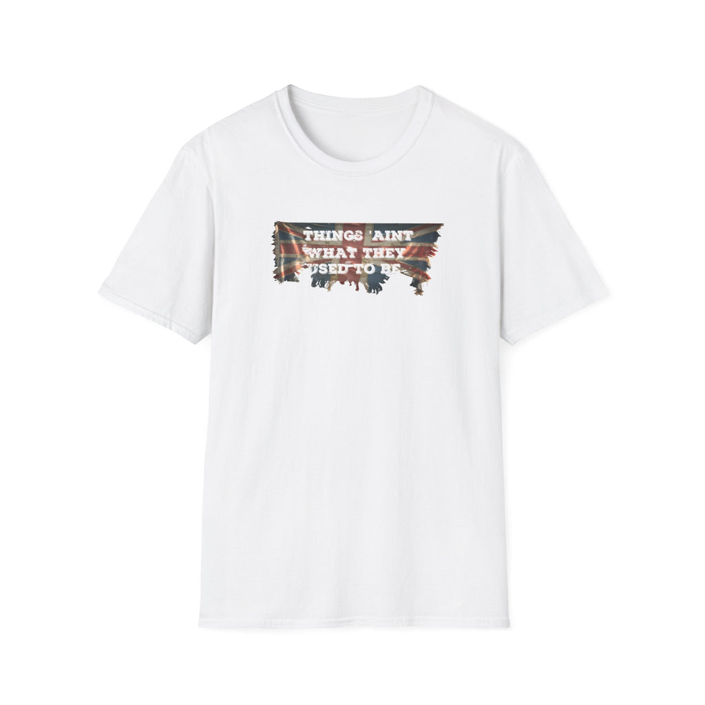White distressed vintage Union Jack tee that doubles as social commentary. The faded flag design channels retro British nostalgia, while the cheeky slogan "Things Ain't What They Used to Be" 