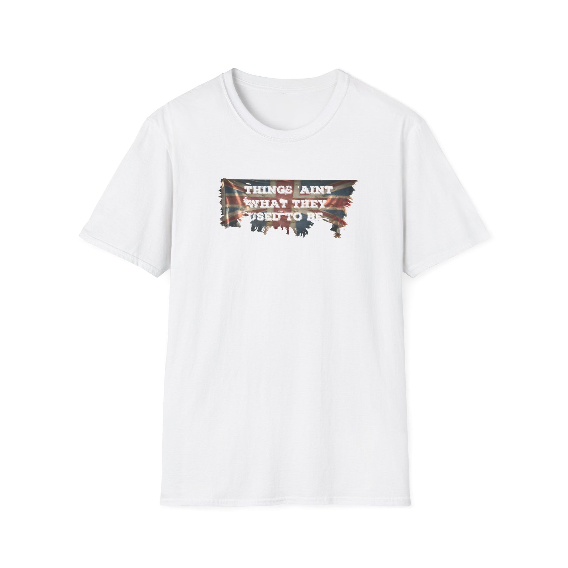 White distressed vintage Union Jack tee that doubles as social commentary. The faded flag design channels retro British nostalgia, while the cheeky slogan "Things Ain't What They Used to Be" 
