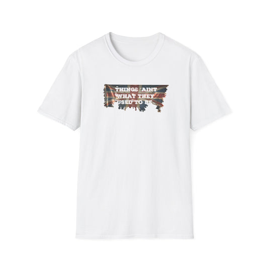 White distressed vintage Union Jack tee that doubles as social commentary. The faded flag design channels retro British nostalgia, while the cheeky slogan "Things Ain't What They Used to Be" 