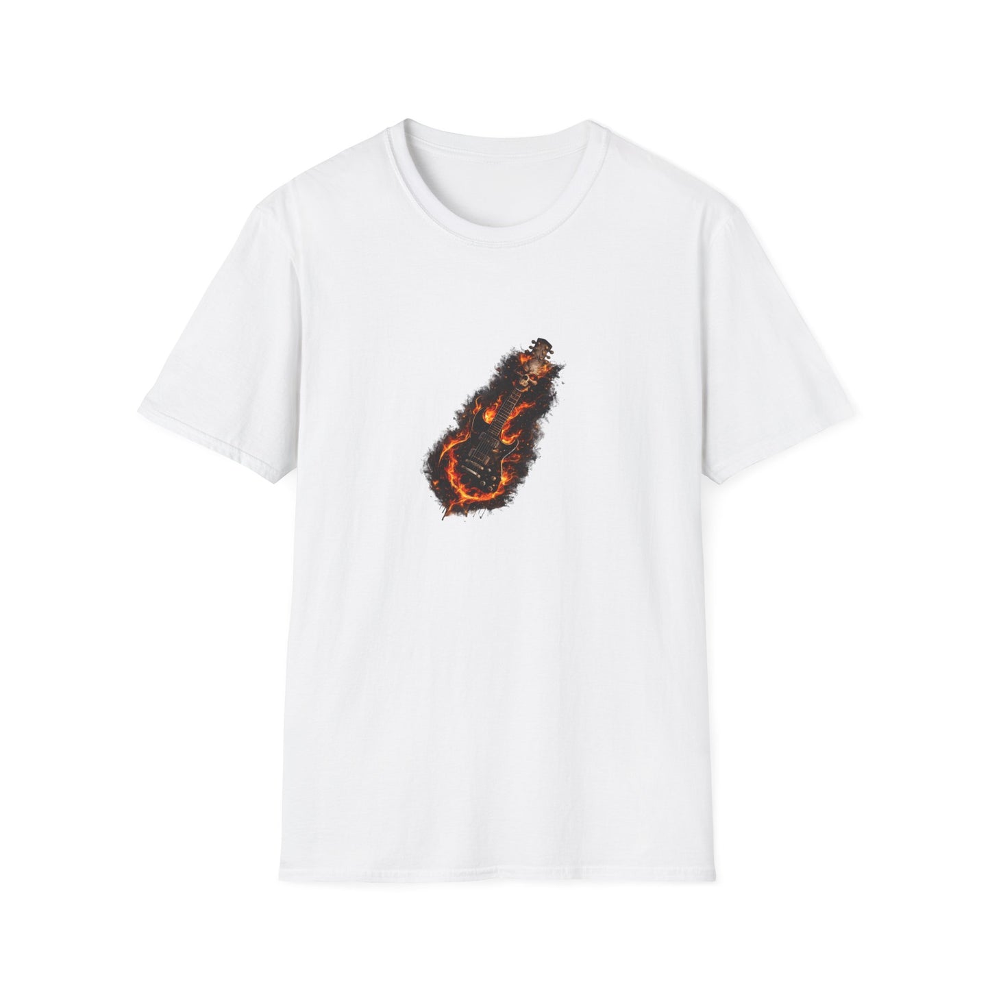 Flaming skull guitar heavy metal design with fire flames wrapping around electric guitar body