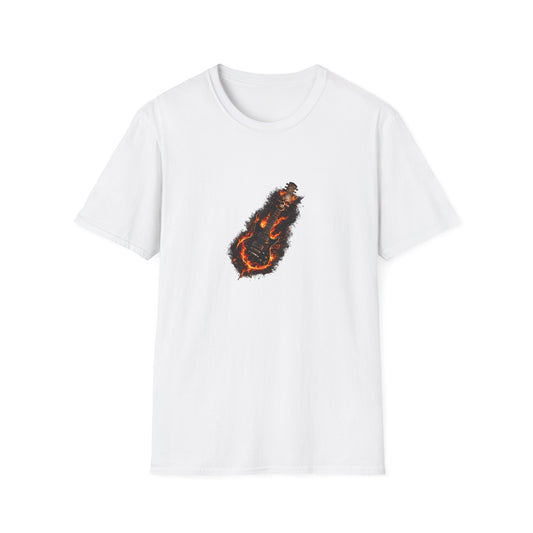 Flaming skull guitar heavy metal design with fire flames wrapping around electric guitar body