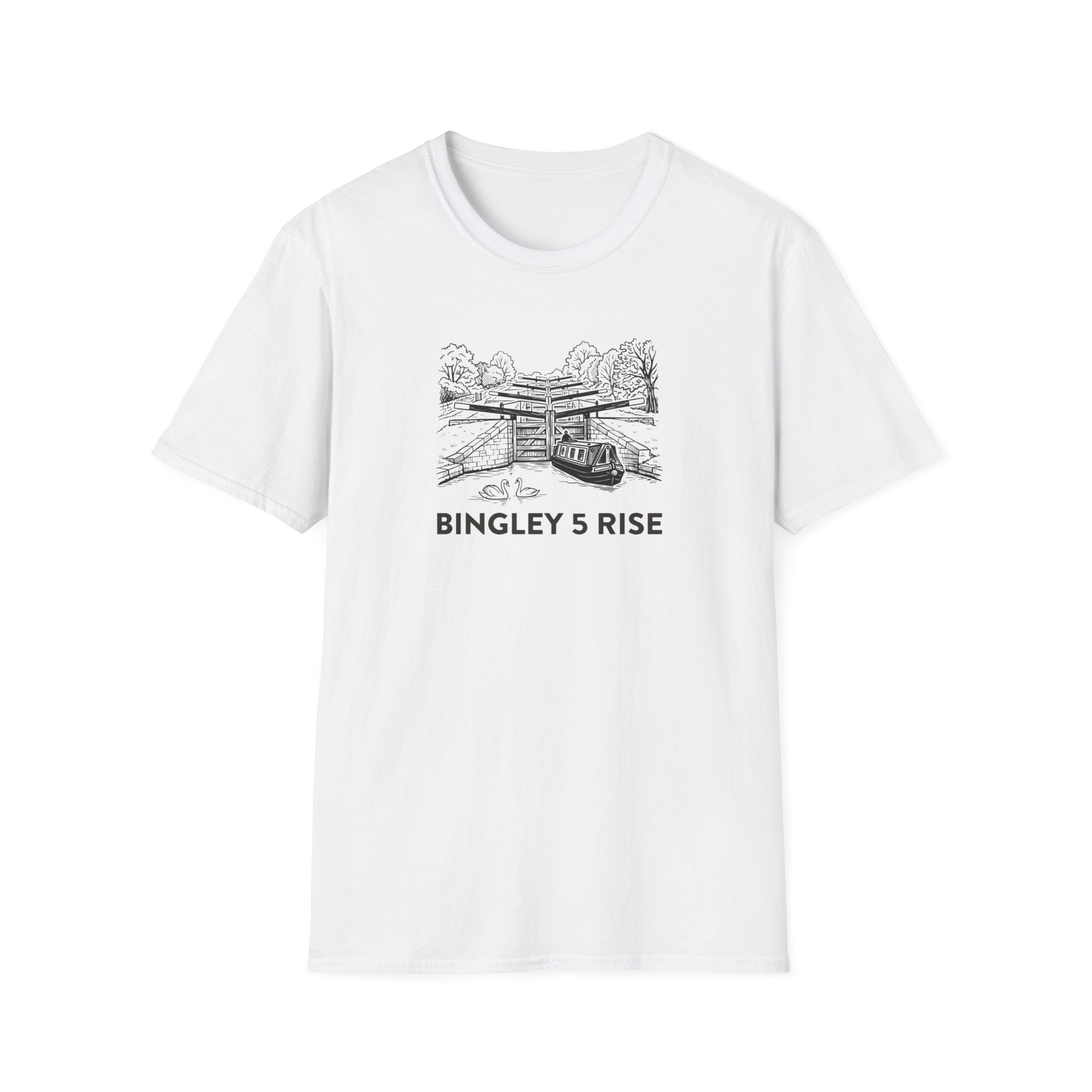 White t-shirt with black graphic and 'Bingley 5 Rise' text on a white background