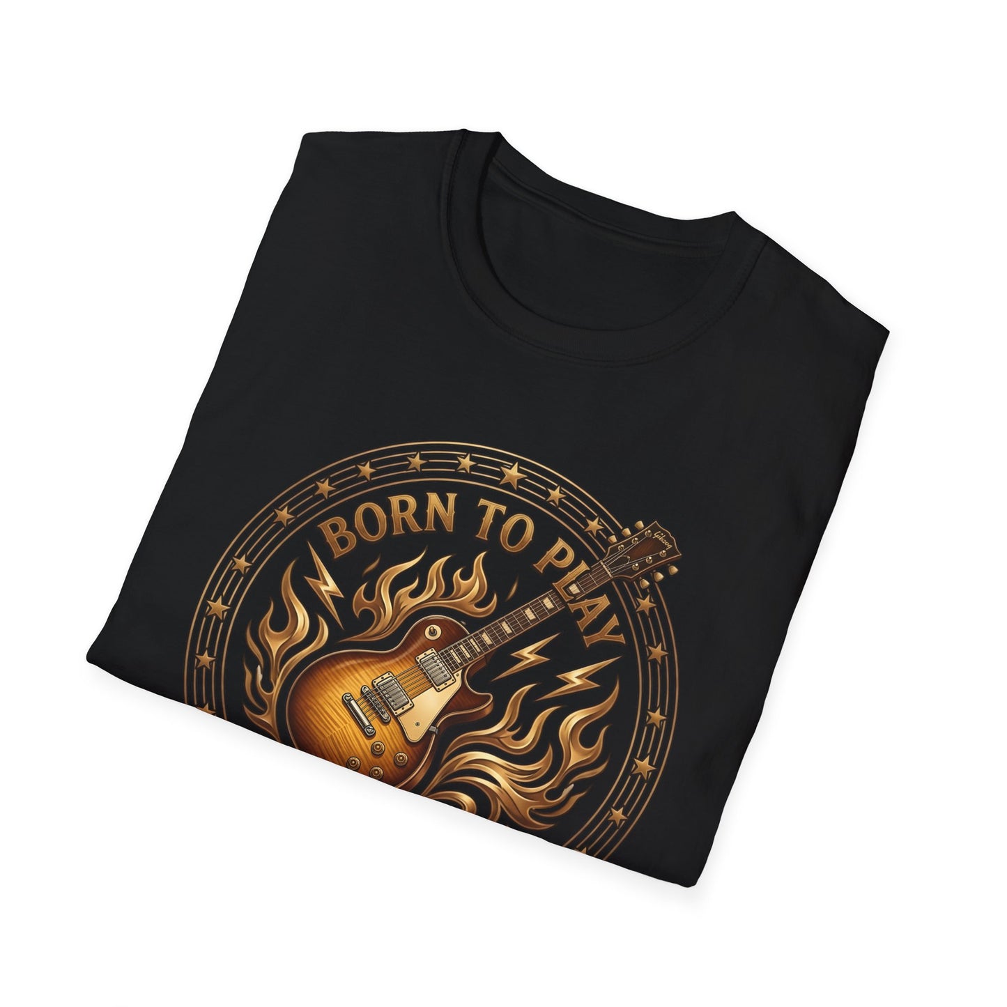 Black t-shirt with a guitar design and 'Born to Play' text on a white background