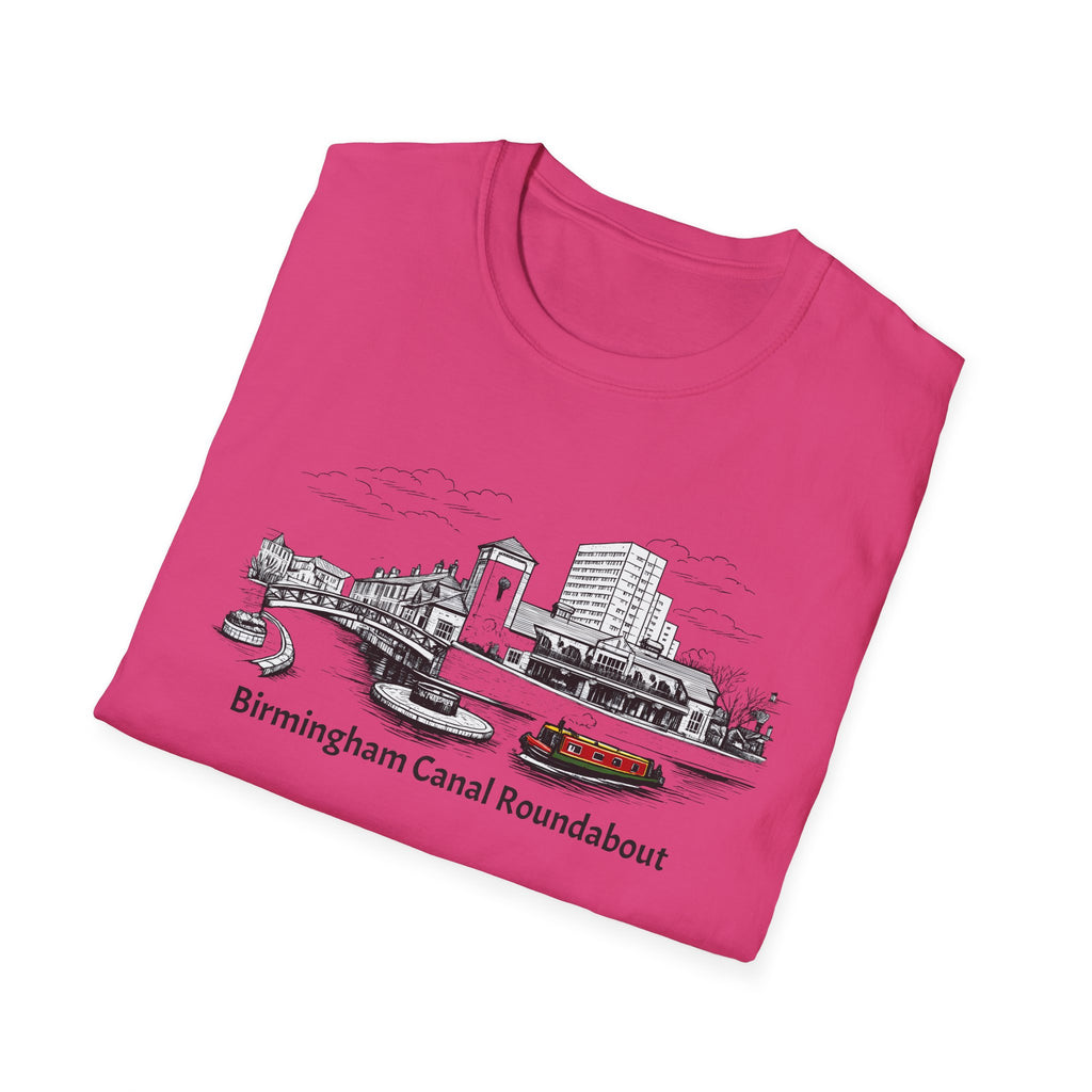 Pink t-shirt with a graphic design of Birmingham Canal Roundabout on a white background