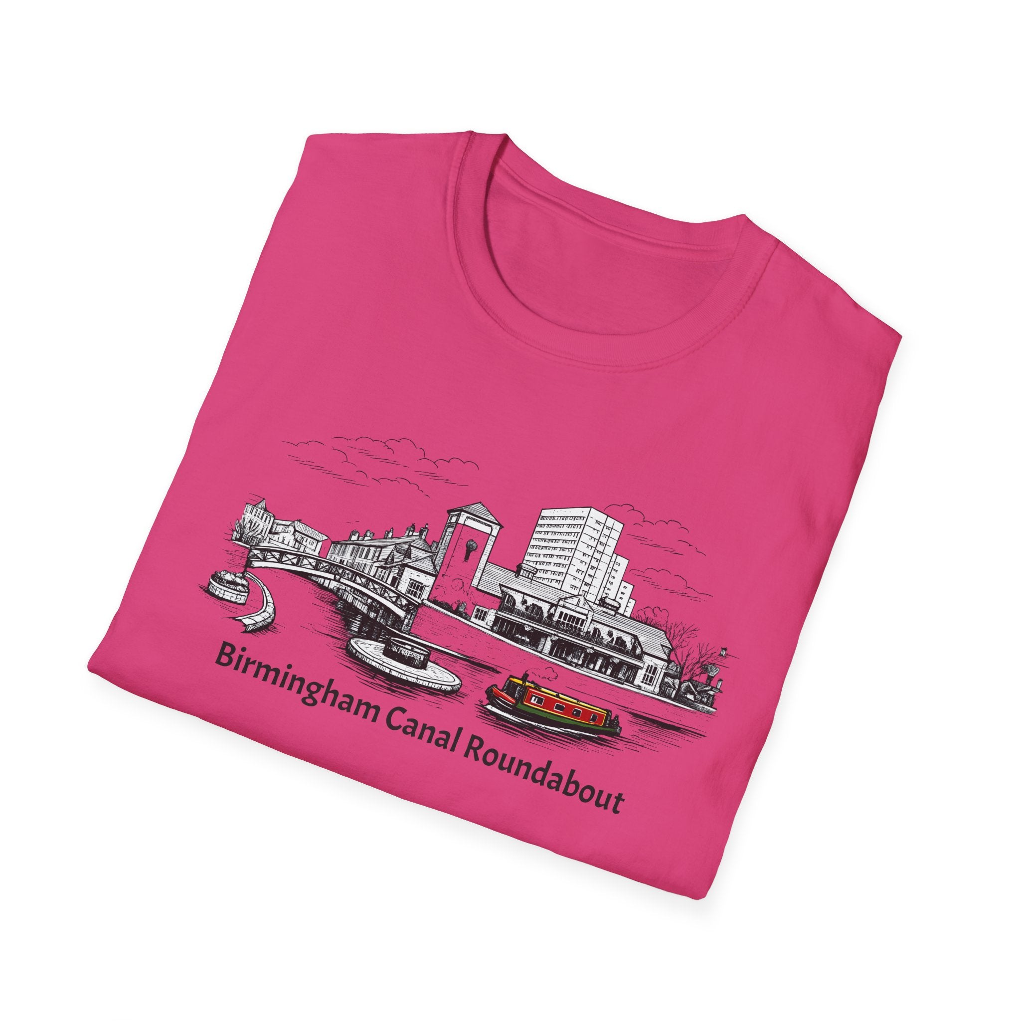 Pink t-shirt with a graphic design of Birmingham Canal Roundabout on a white background