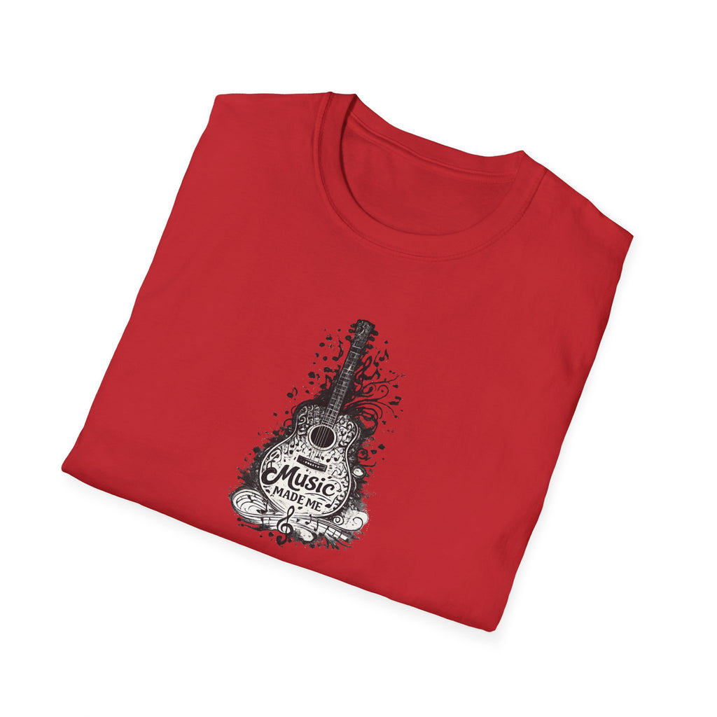 Red t-shirt with a black and white guitar graphic and 'Music Made Me' text on a white background
