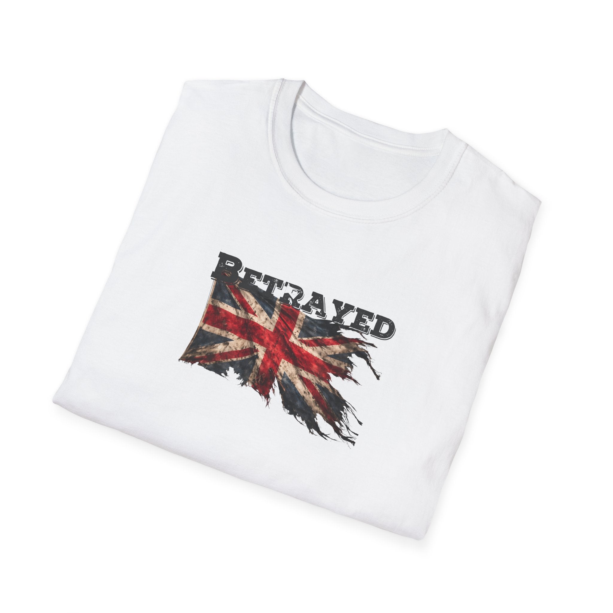 White t-shirt with a Union Jack design and 'Betrayed' text on a white background