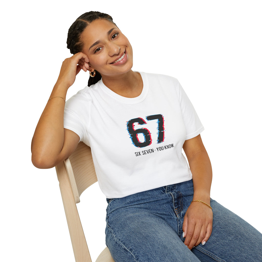 Woman wearing a white t-shirt with '67' design, sitting on a chair against a white background