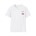 White t-shirt with 'Eat Me' and cherry design on a white background