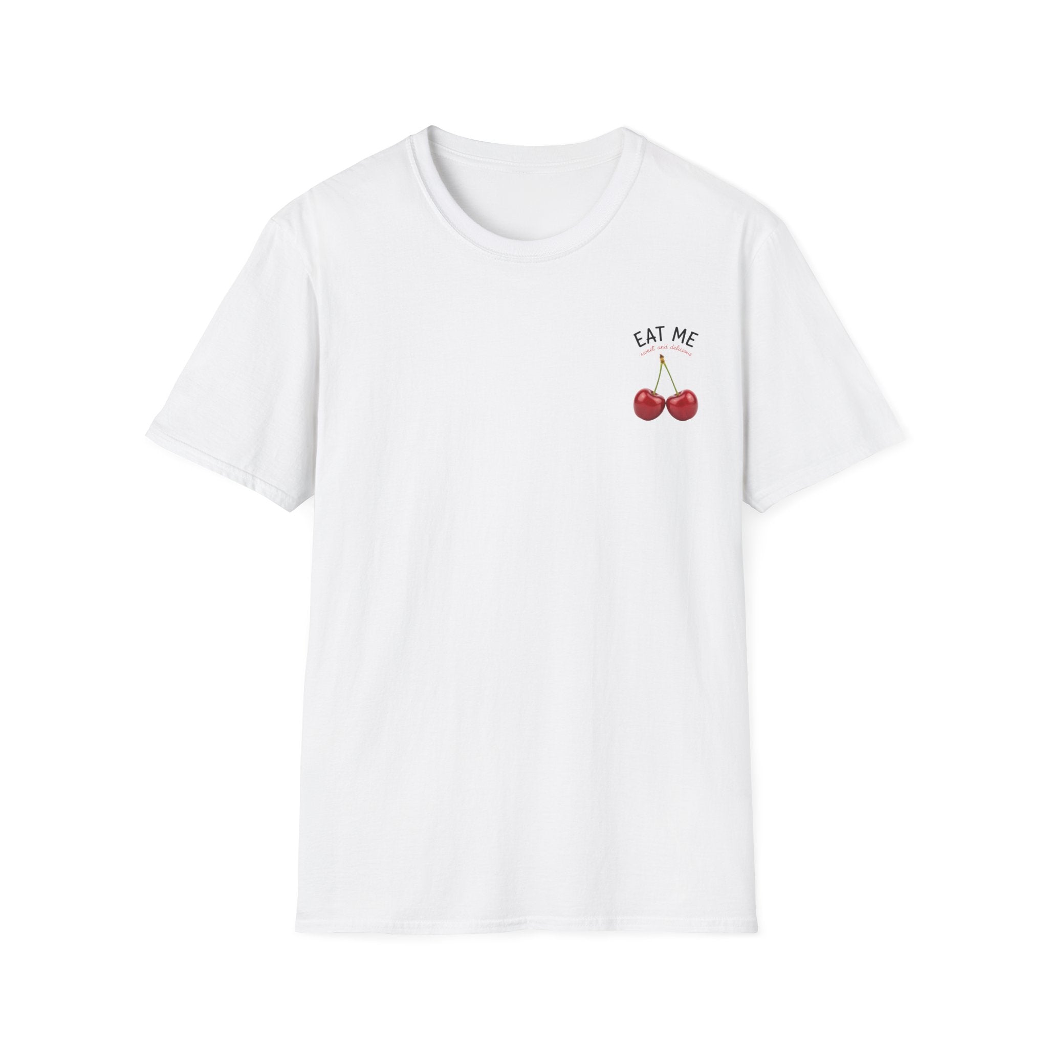 White t-shirt with 'Eat Me' and cherry design on a white background