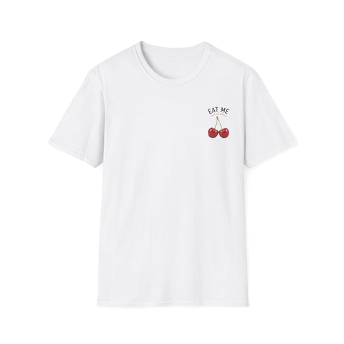 White t-shirt with 'Eat Me' and cherry design on a white background