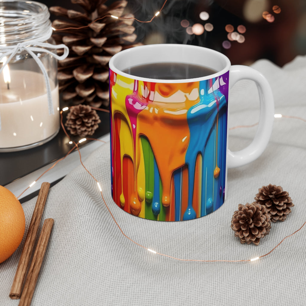 Colourful mug with a paint-like design on a table with decorative items.