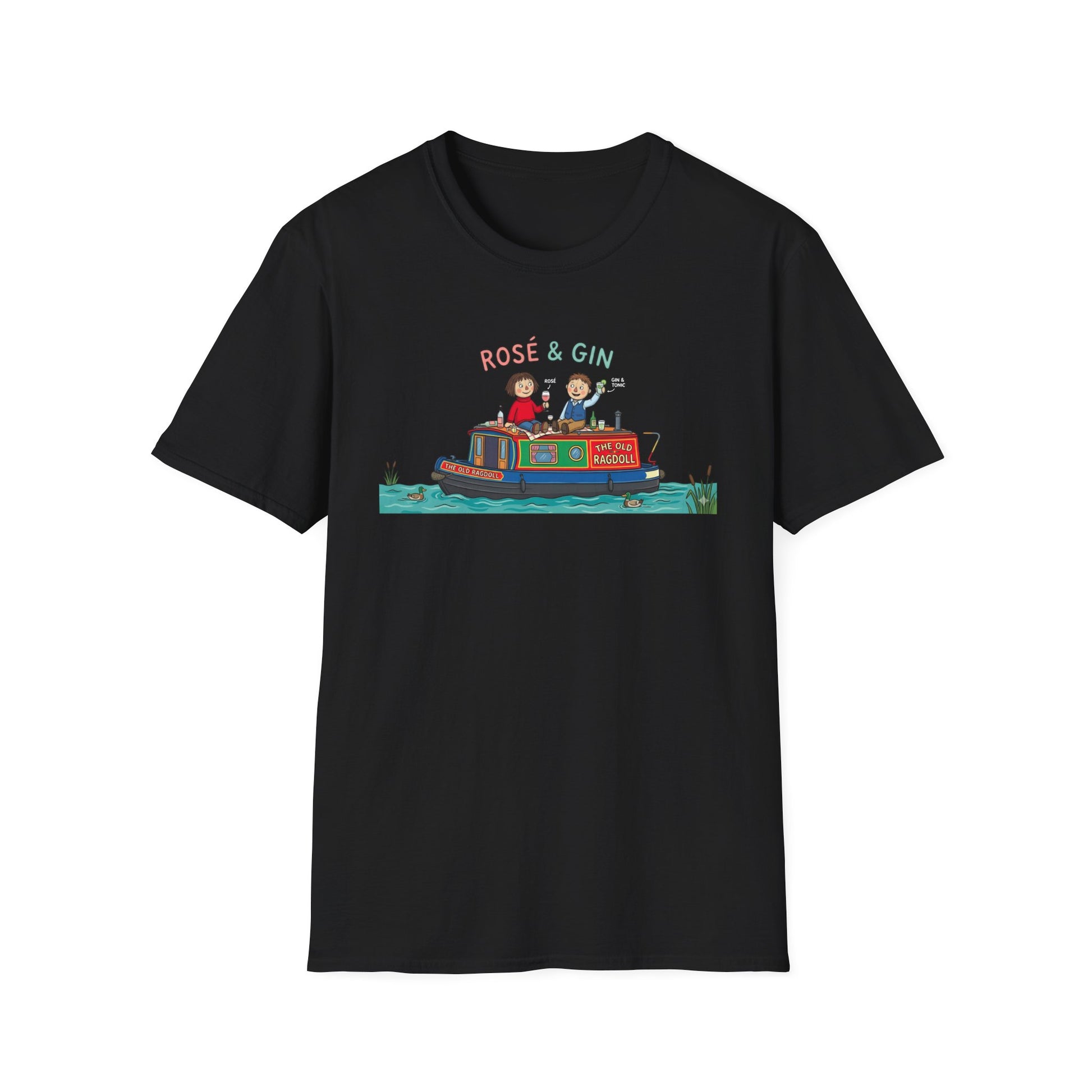 Black t-shirt with a graphic design on a white background
