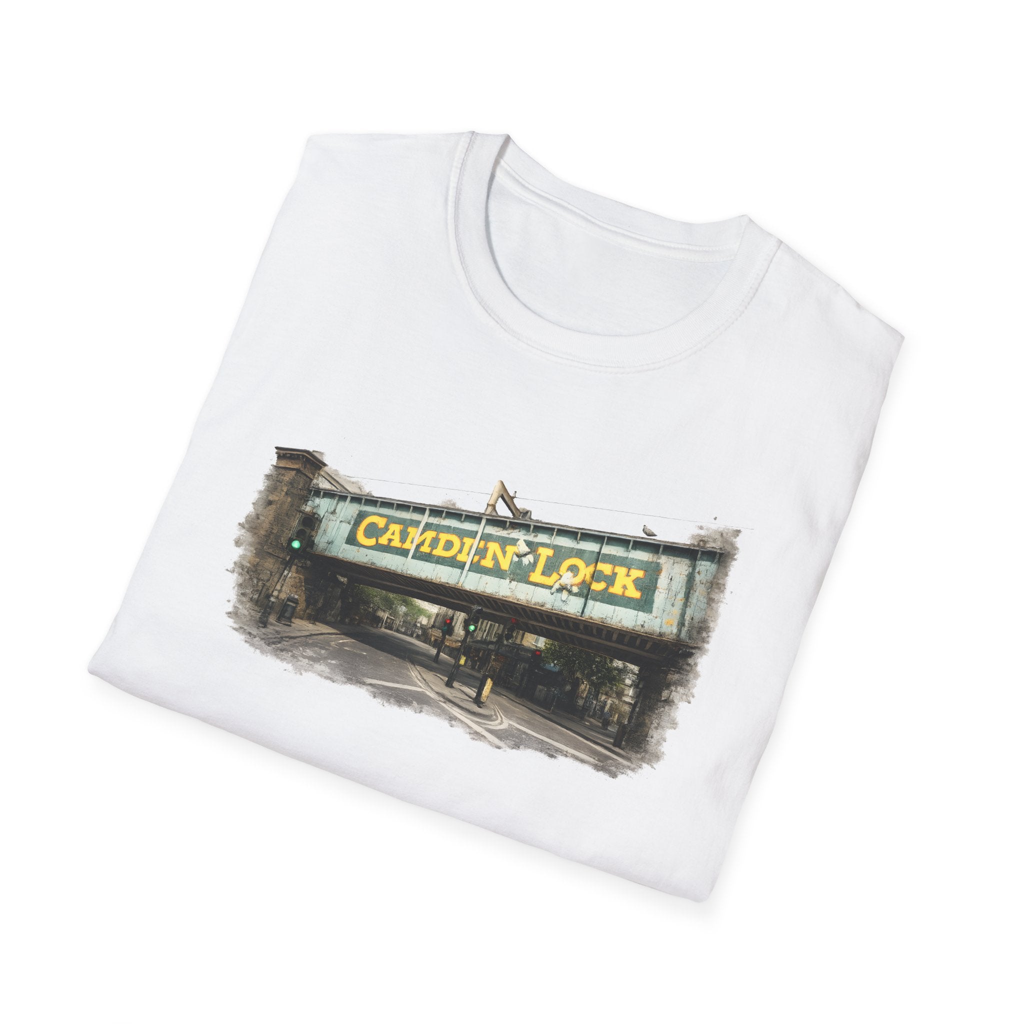 White t-shirt with 'Camden Lock' graphic design on a white background