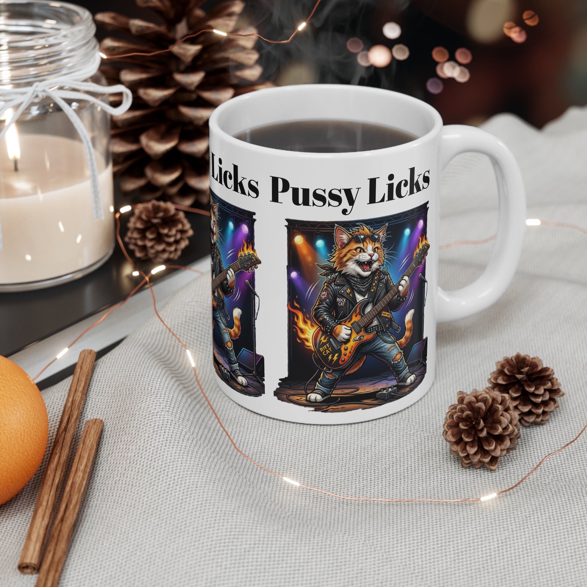 Pussy Licks Rock Cat Guitarist Mug – Funny Rock Band Coffee Cup Printify