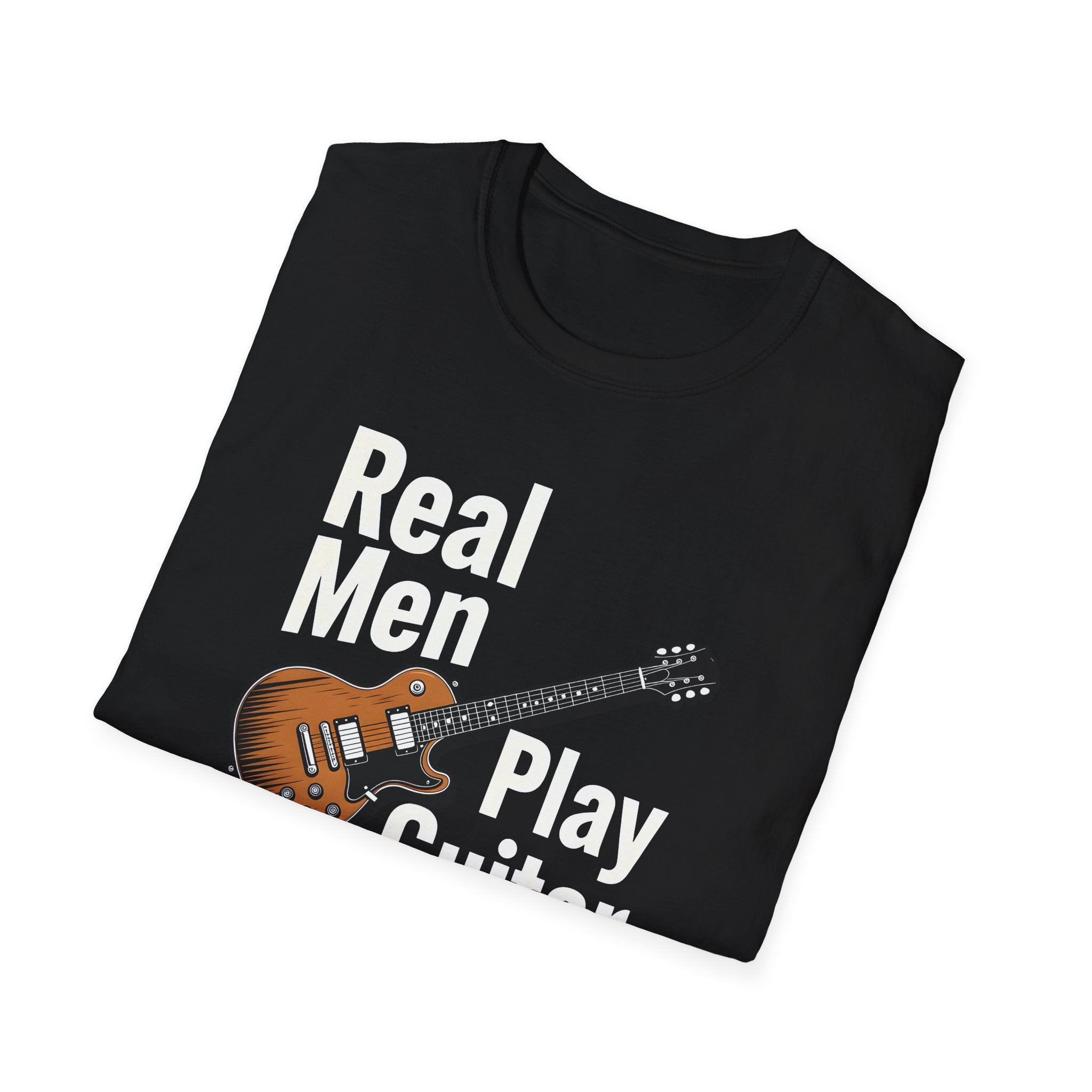 Black t-shirt with guitar graphic and text 'Real Men Play Guitar' on a white background
