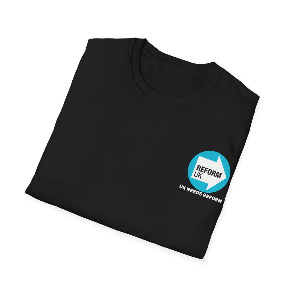 Folded black t-shirt with Reform UK logo on a white background