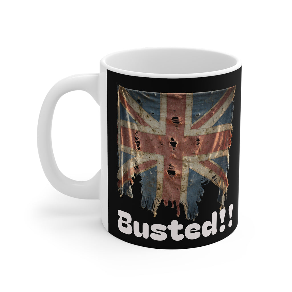 Mug with a distressed British flag design and 'Busted!!' text on a black background