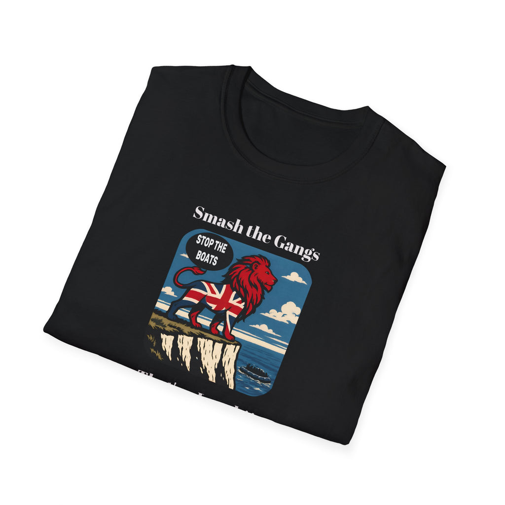 folded black Political satire T-shirt featuring a bold protest illustration and the slogan “Smash the gangs, that’s a laugh!!”