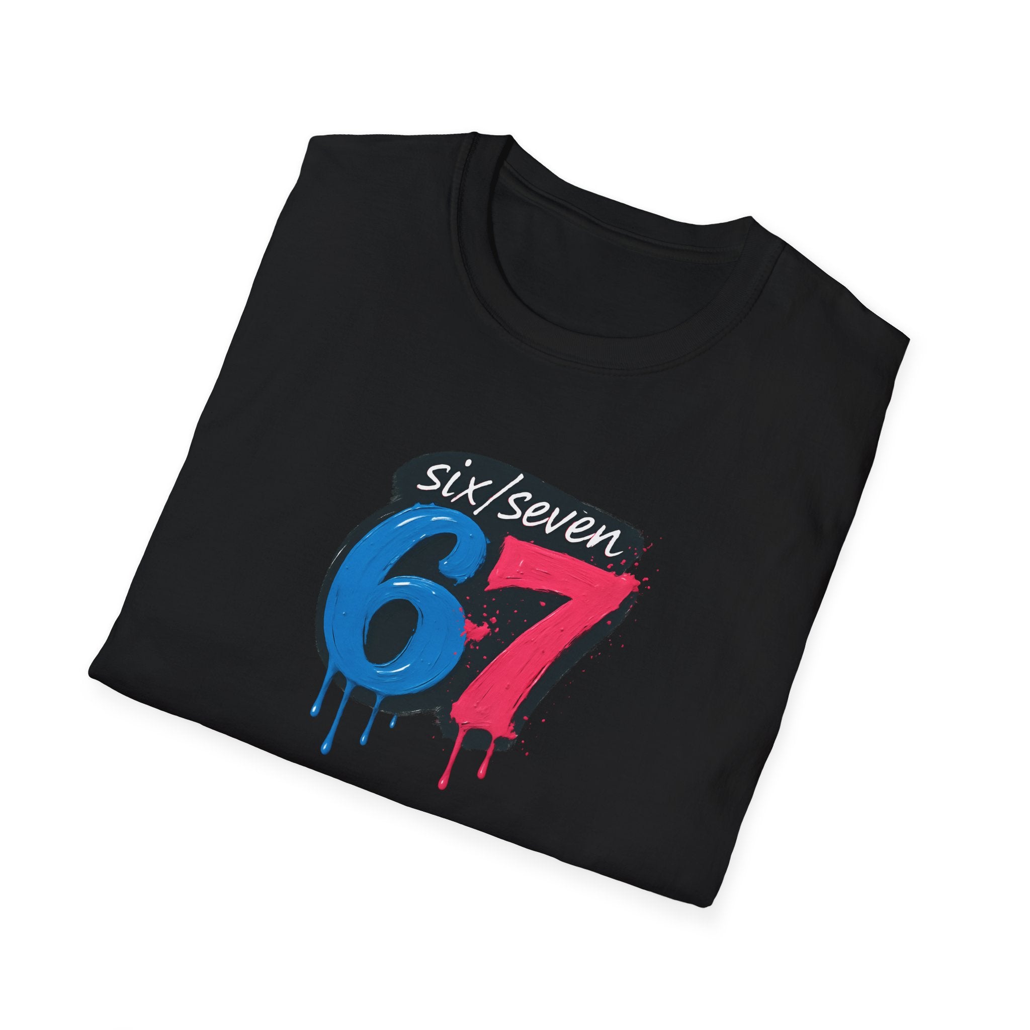 Folded Black t-shirt with colourful six seven meme design on a white background