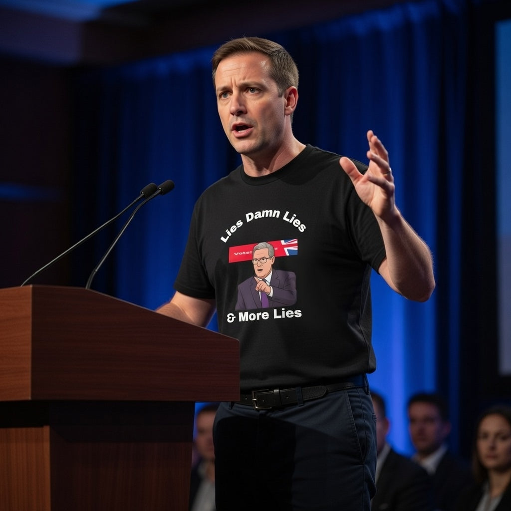 Man giving a speech at a podium with a shirt displaying text and an image of a person. 